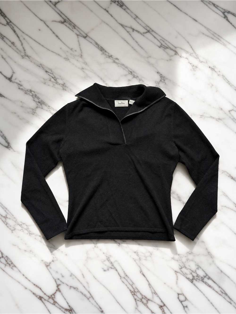 Neiman Marcus 100% Cashmere Black Collared Sweater Leather Trim Quiet Luxury